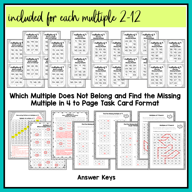 A preview of worksheets and activities included for each multiple 2-12 in the multiplication fact fluency bundle