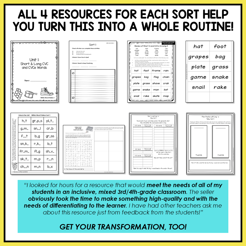 Short vs Long Vowels CVC and CVCe Words Within Word Pattern Activity Printable