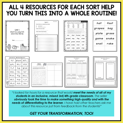 Short vs Long Vowels CVC and CVCe Words Within Word Pattern Activity Printable