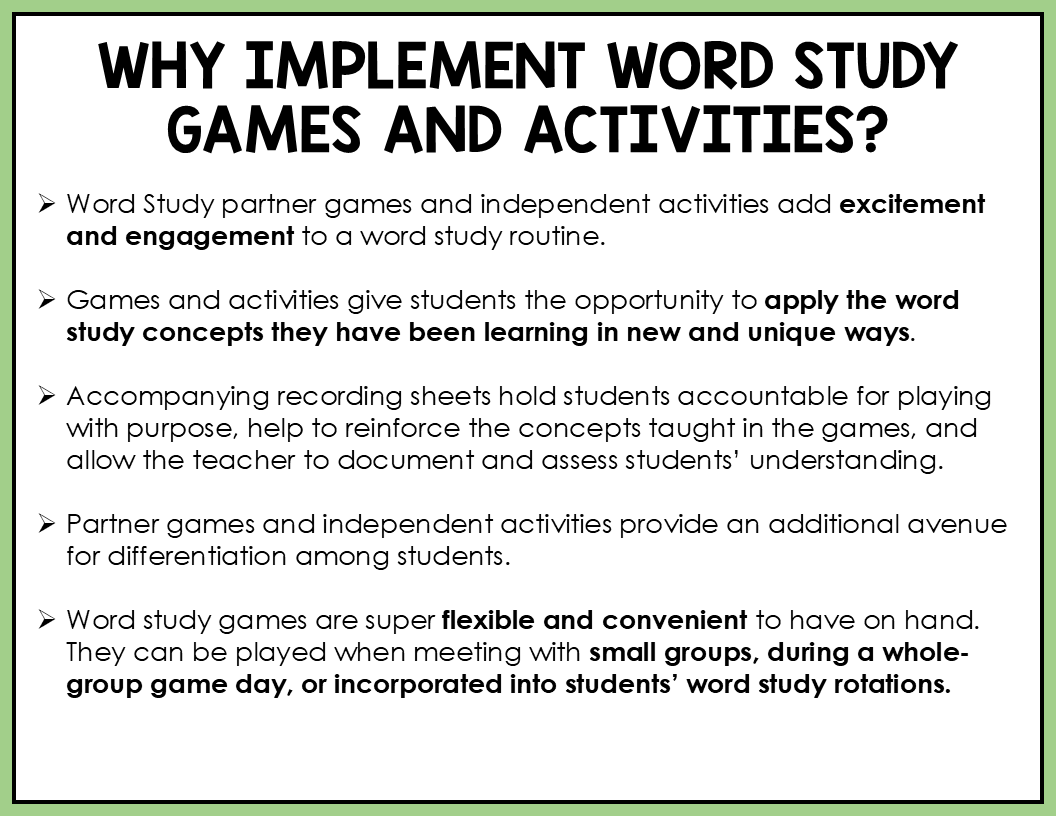 Text explaining the benefits of implementing word study games and activities in a classroom setting.
