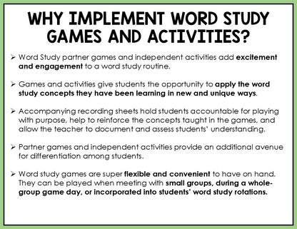 Text explaining the benefits of implementing word study games and activities in a classroom setting.