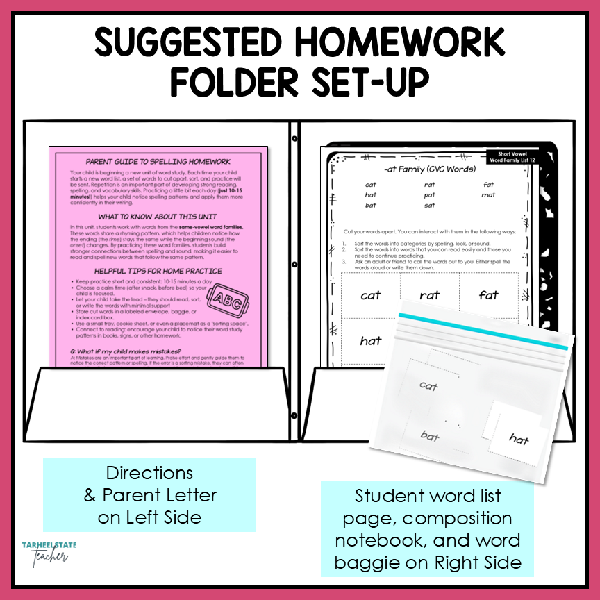 Homework folder set-up suggestions for at-home spelling homework routine