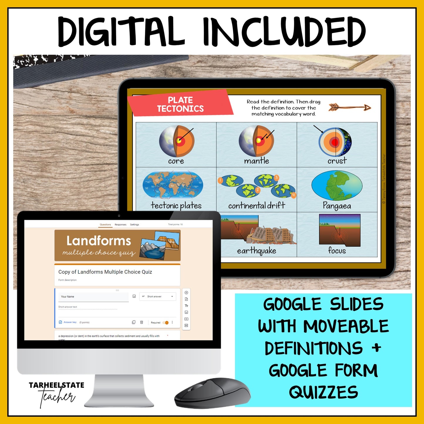Weathering and Erosion resource includes google slides with moveable definitions and google form quizzes to assess student understanding and for test prep purposes.