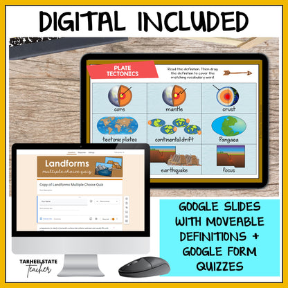 Weathering and Erosion resource includes google slides with moveable definitions and google form quizzes to assess student understanding and for test prep purposes.