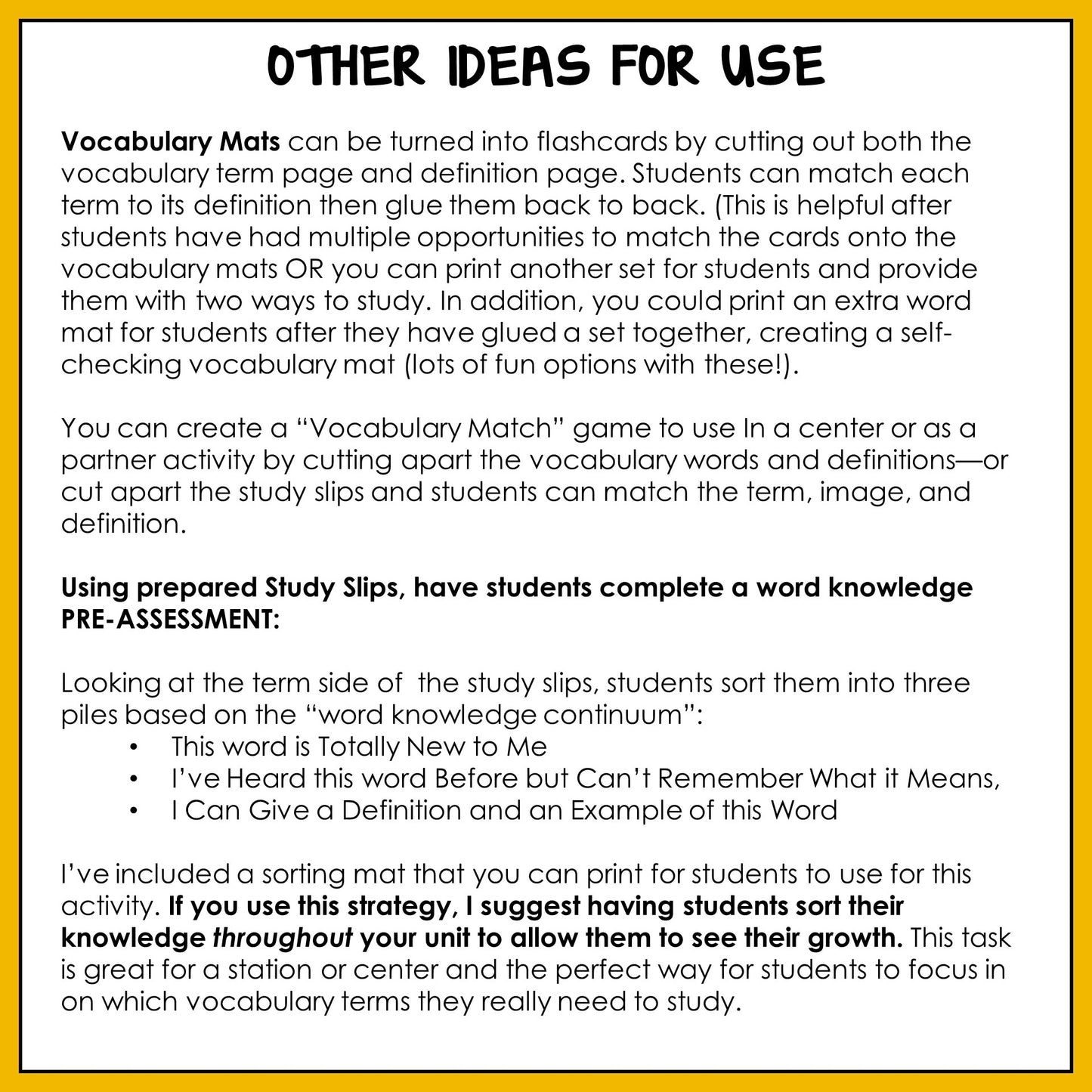 Instructions for using vocabulary mats and study slips in educational activities.