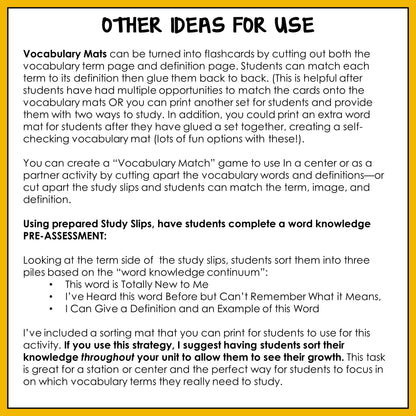 Instructions for using vocabulary mats and study slips in educational activities.