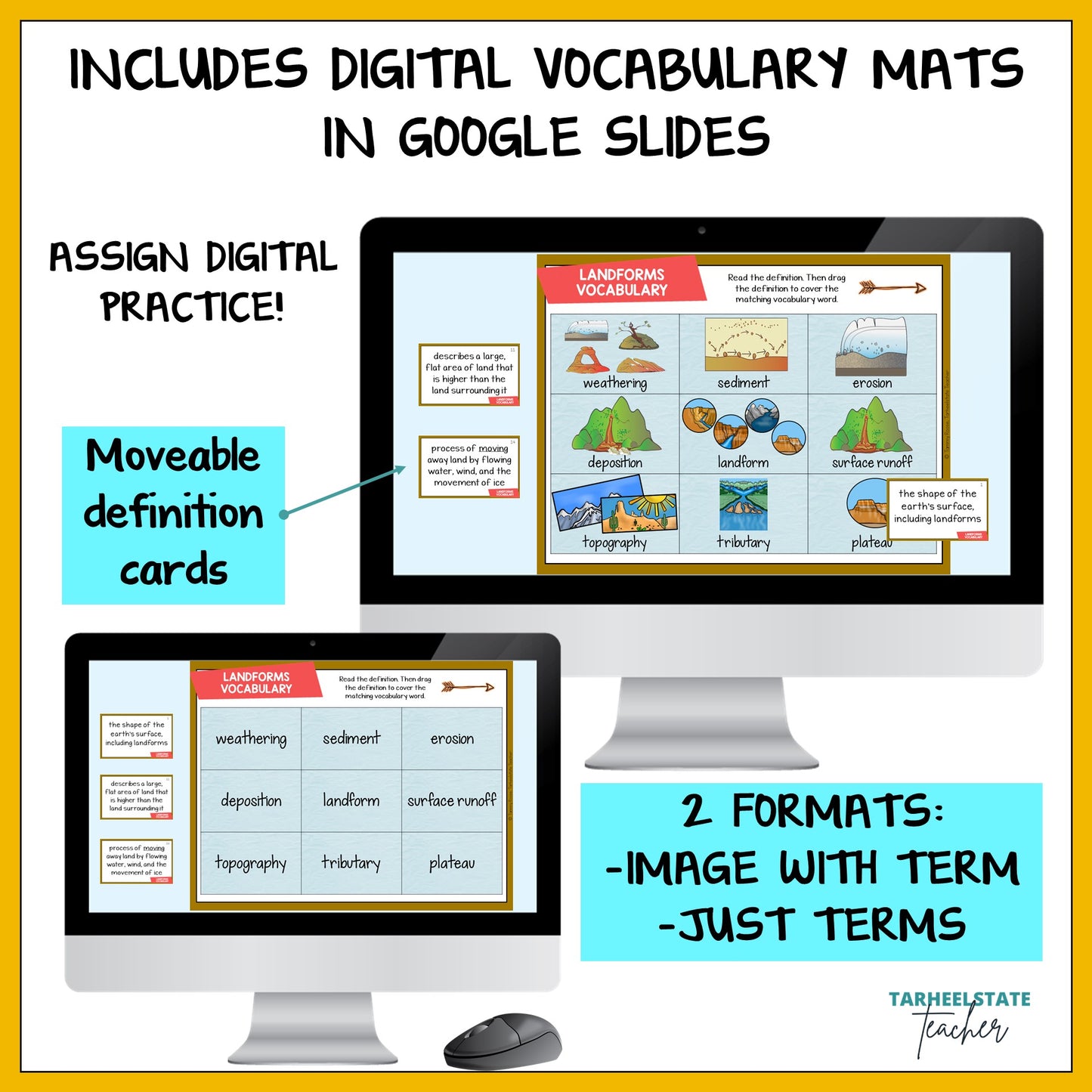 Digital vocabulary mats with Google Slides on a computer screen, featuring text about assign digital practice and movable definition cards.