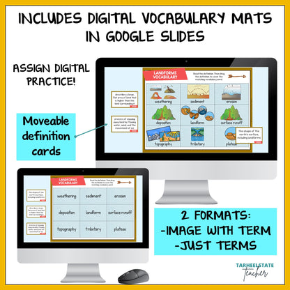 Digital vocabulary mats with Google Slides on a computer screen, featuring text about assign digital practice and movable definition cards.