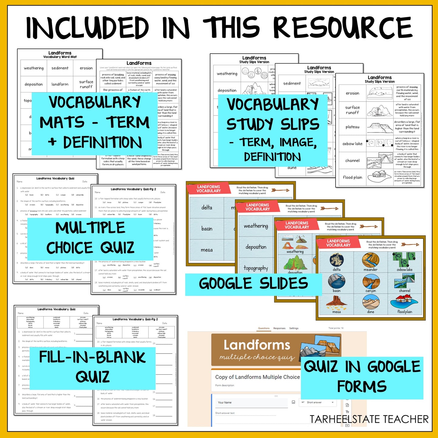 Educational resources including vocabulary mats, study slips, multiple choice quiz, Google Slides, fill-in-blank quiz, and quiz in Google Forms 