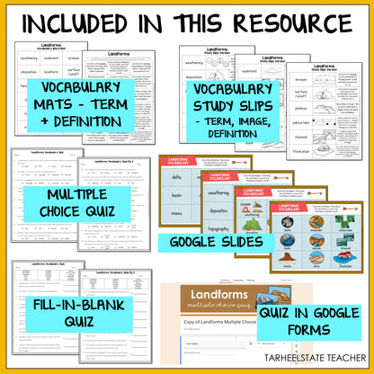 Educational resources including vocabulary mats, study slips, multiple choice quiz, Google Slides, fill-in-blank quiz, and quiz in Google Forms 