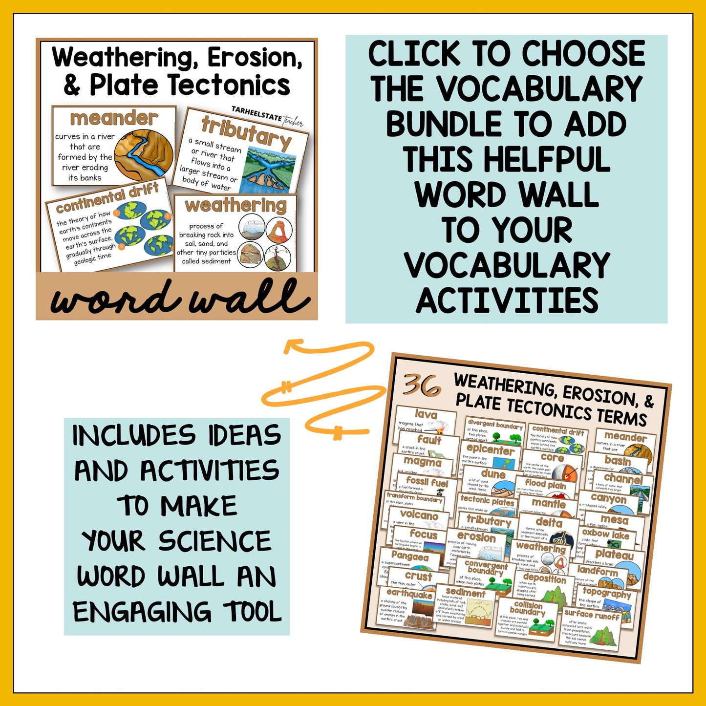 Vocabulary bundle for weathering, erosion, and plate tectonics with word wall activities.