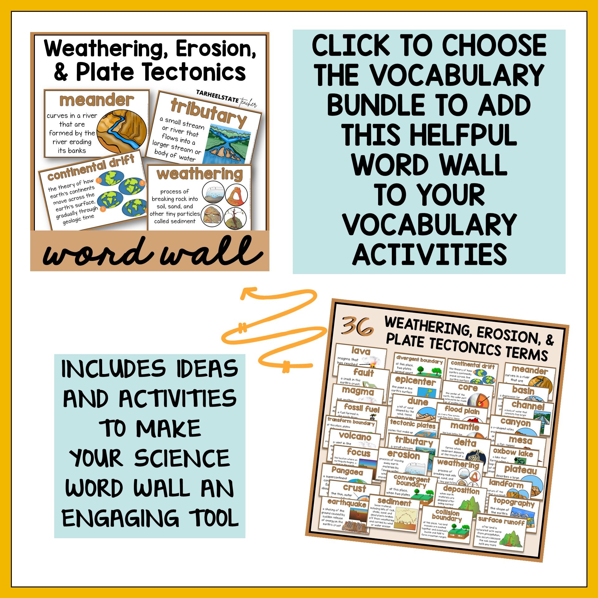 Vocabulary bundle for weathering, erosion, and plate tectonics with word wall activities.