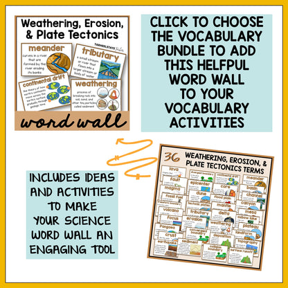 Vocabulary bundle for weathering, erosion, and plate tectonics with word wall activities.