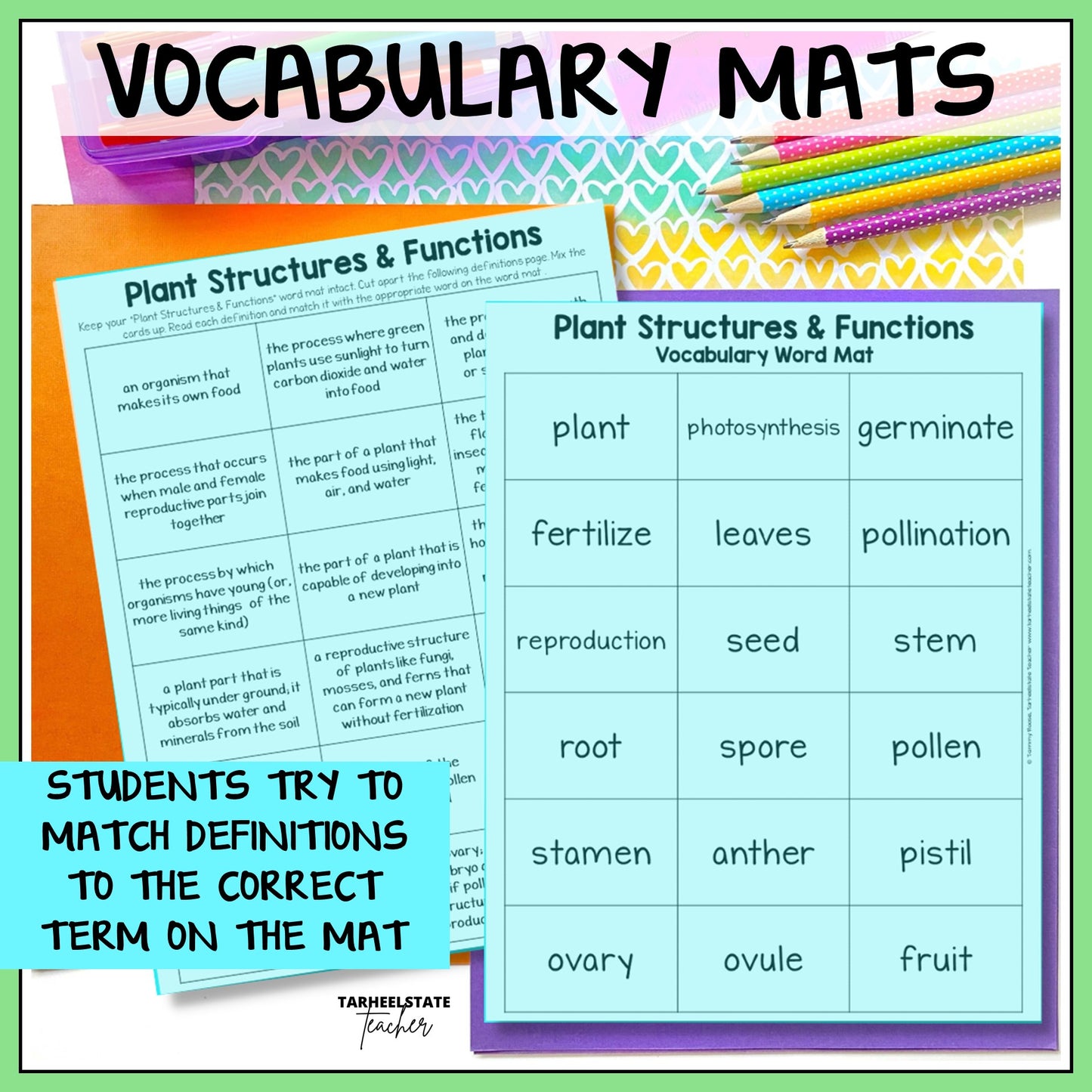Vocabulary mats for plant structures and functions with definitions and terms.