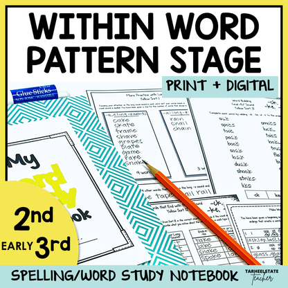 Spelling/word study notebook with interactive worksheets and word sorting activities for 2nd and 3rd grade spellers in the Within Word Pattern Stage.