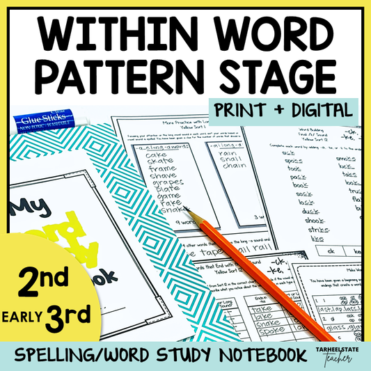 Spelling/word study notebook with interactive worksheets and word sorting activities for 2nd and 3rd grade spellers in the Within Word Pattern Stage.