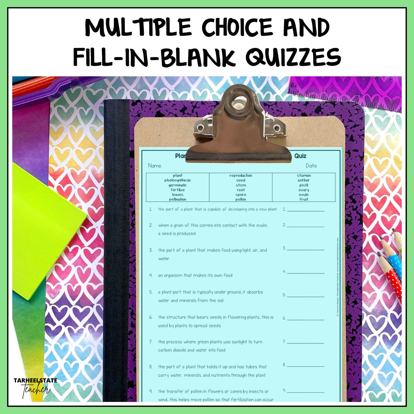 Quiz with multiple choice and fill-in-blank questions on plants structures and functions