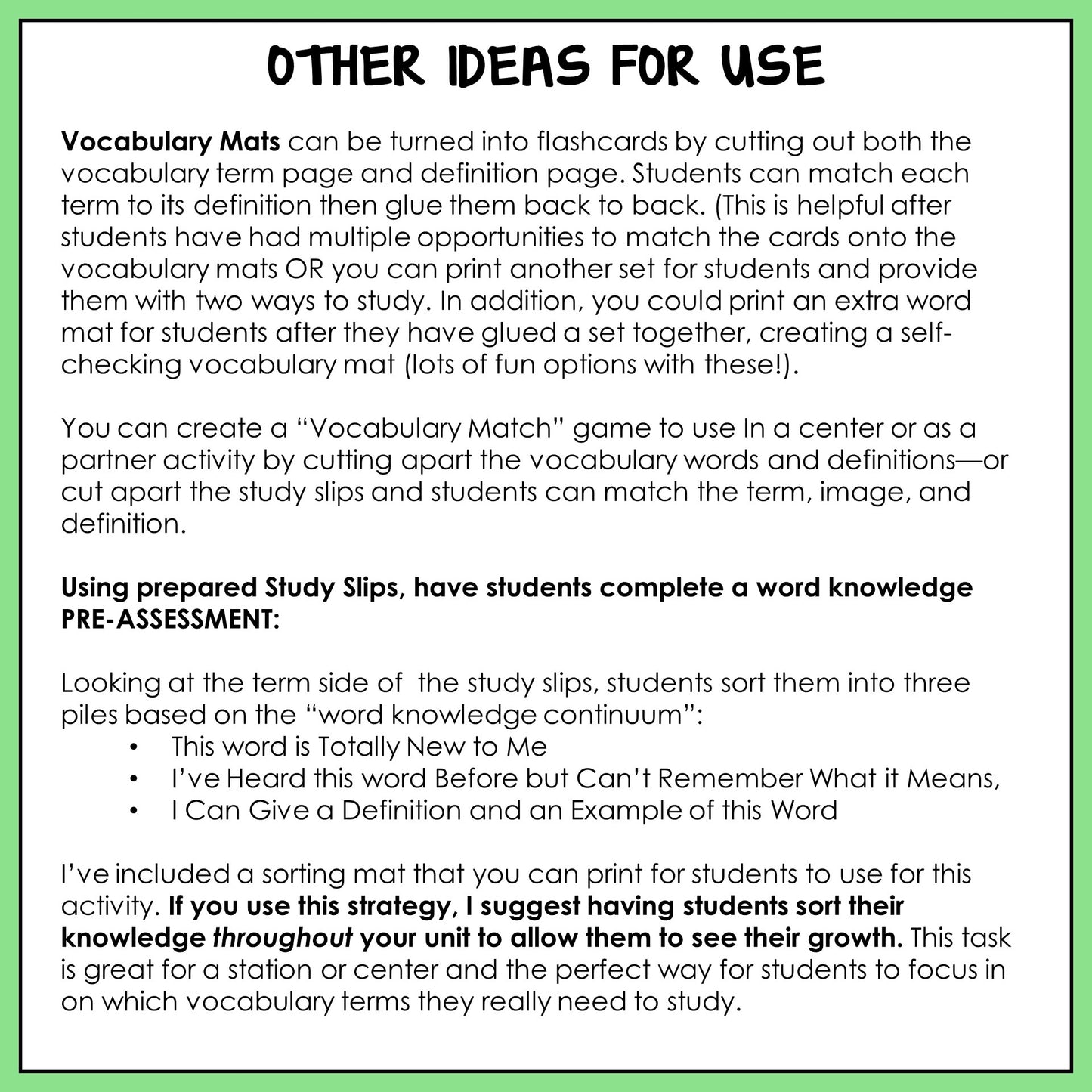 Instructions for using vocabulary mats and study slips in educational activities.