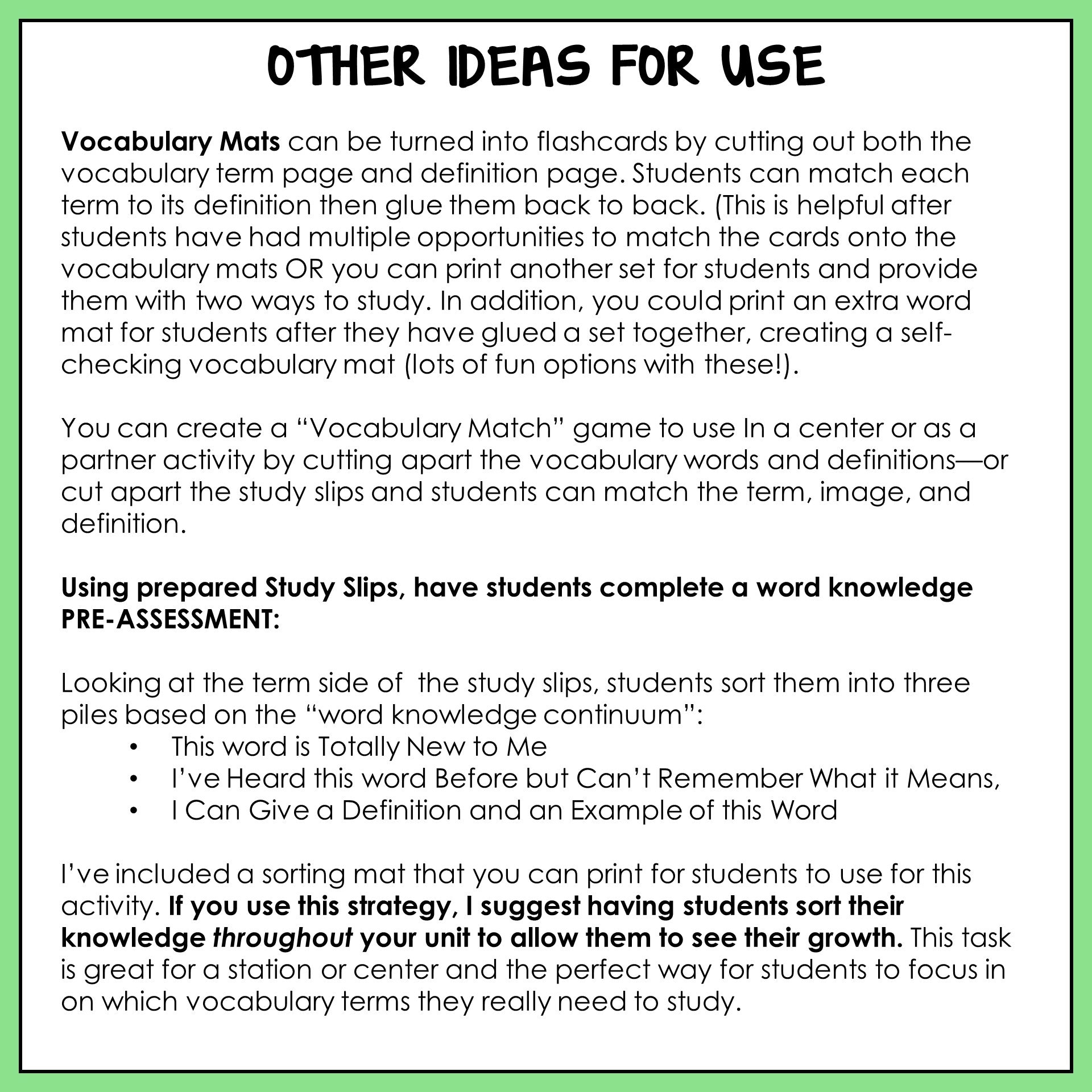 Instructions for using vocabulary mats and study slips in educational activities.