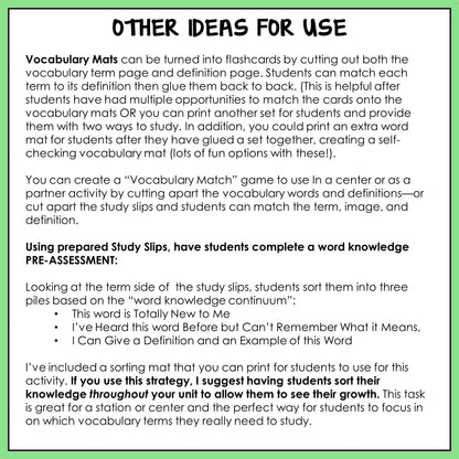Instructions for using vocabulary mats and study slips in educational activities.