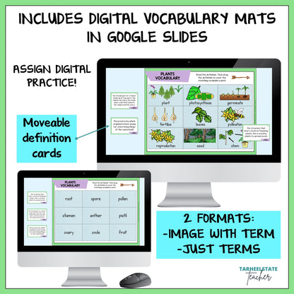 Digital vocabulary mats for plants structures and functions with Google Slides featuring movable definition cards.