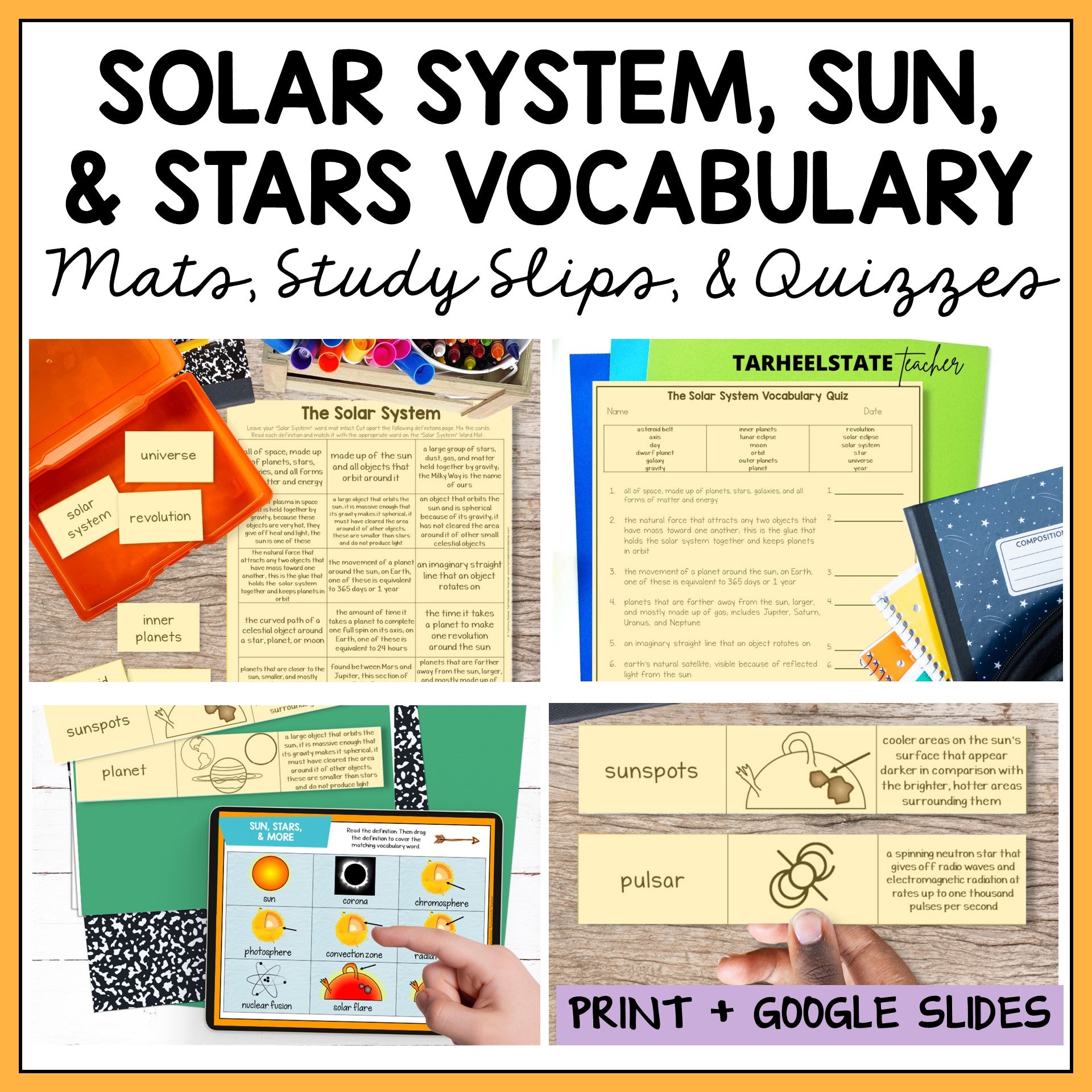 Educational materials for solar system, sun, and stars vocabulary with printables and digital resources.
