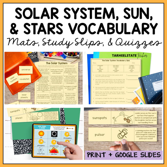 Educational materials for solar system, sun, and stars vocabulary with printables and digital resources.