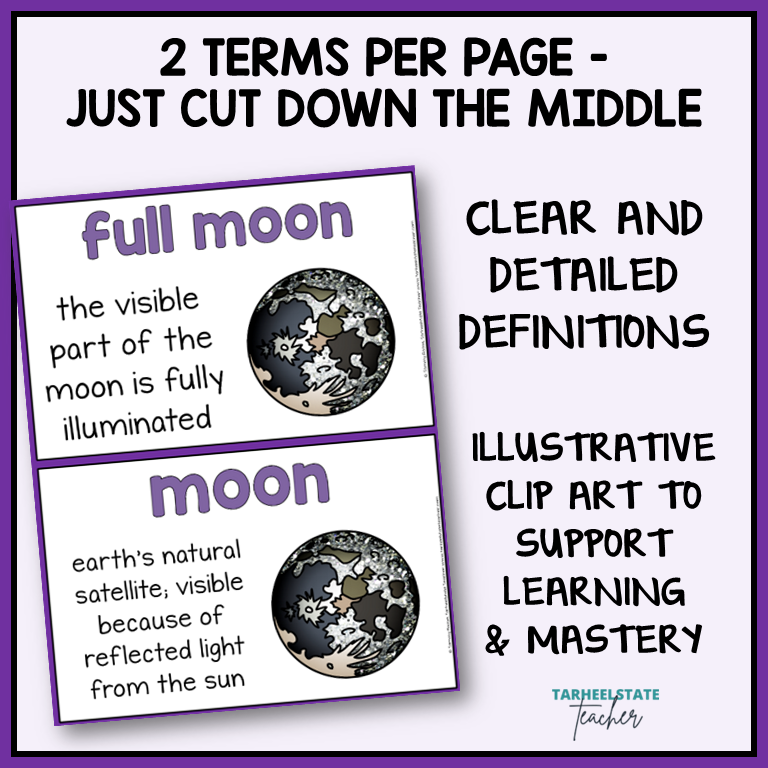 Moon Phases vocabulary terms on anchor charts with illustrative clip art for science word wall or bulletin board