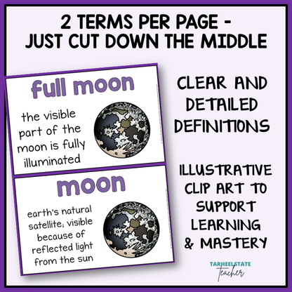 Moon Phases vocabulary terms on anchor charts with illustrative clip art for science word wall or bulletin board