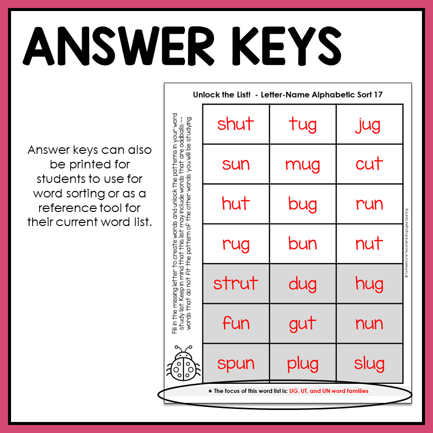 Answer key for a letter-name alphabetical fill-in-the-blank, missing letter sort activity