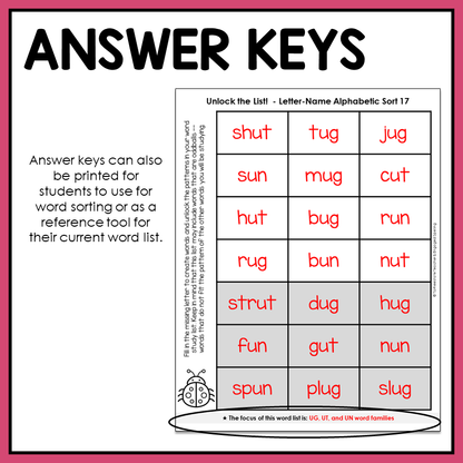 Answer key for a letter-name alphabetical fill-in-the-blank, missing letter sort activity