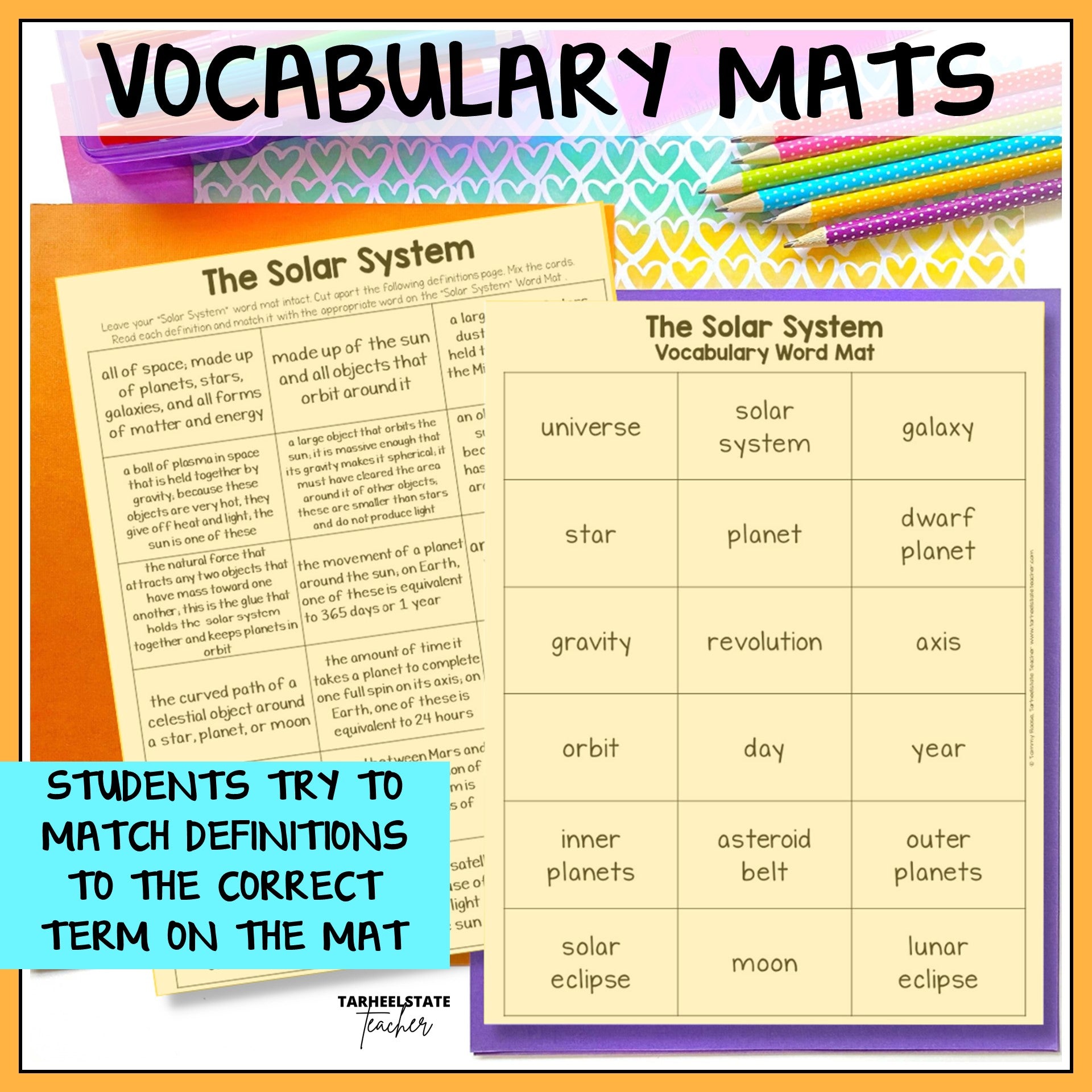 Vocabulary mats for the solar system with definitions and terms