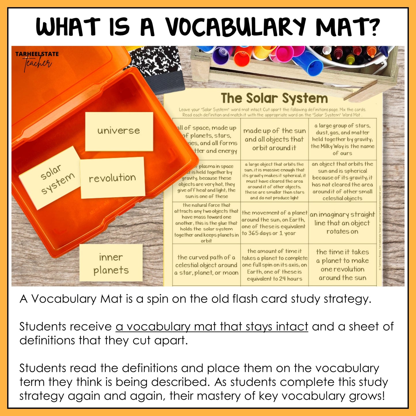 Vocabulary mat with flash cards and text for solar system vocabulary