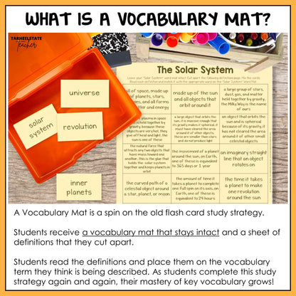 Vocabulary mat with flash cards and text for solar system vocabulary