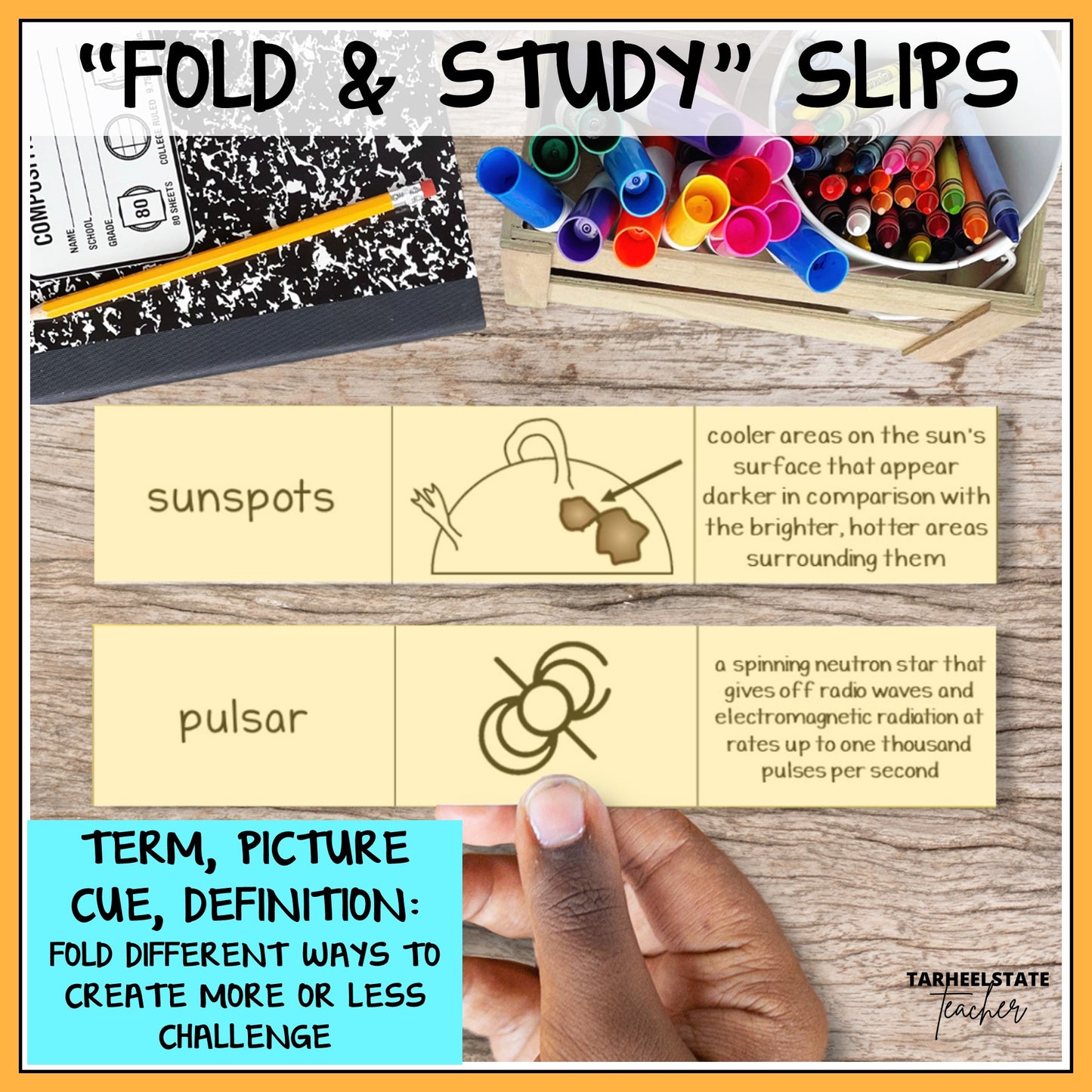 Foldable study slips including vocabulary term, meaning, and picture for solar systems and stars vocabulary