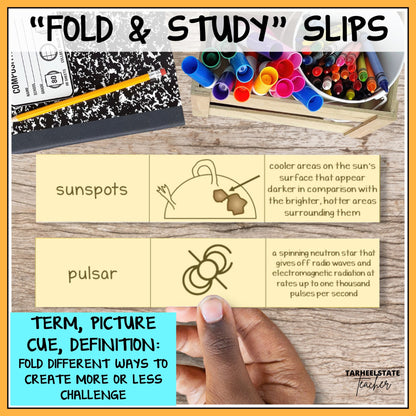 Foldable study slips including vocabulary term, meaning, and picture for solar systems and stars vocabulary