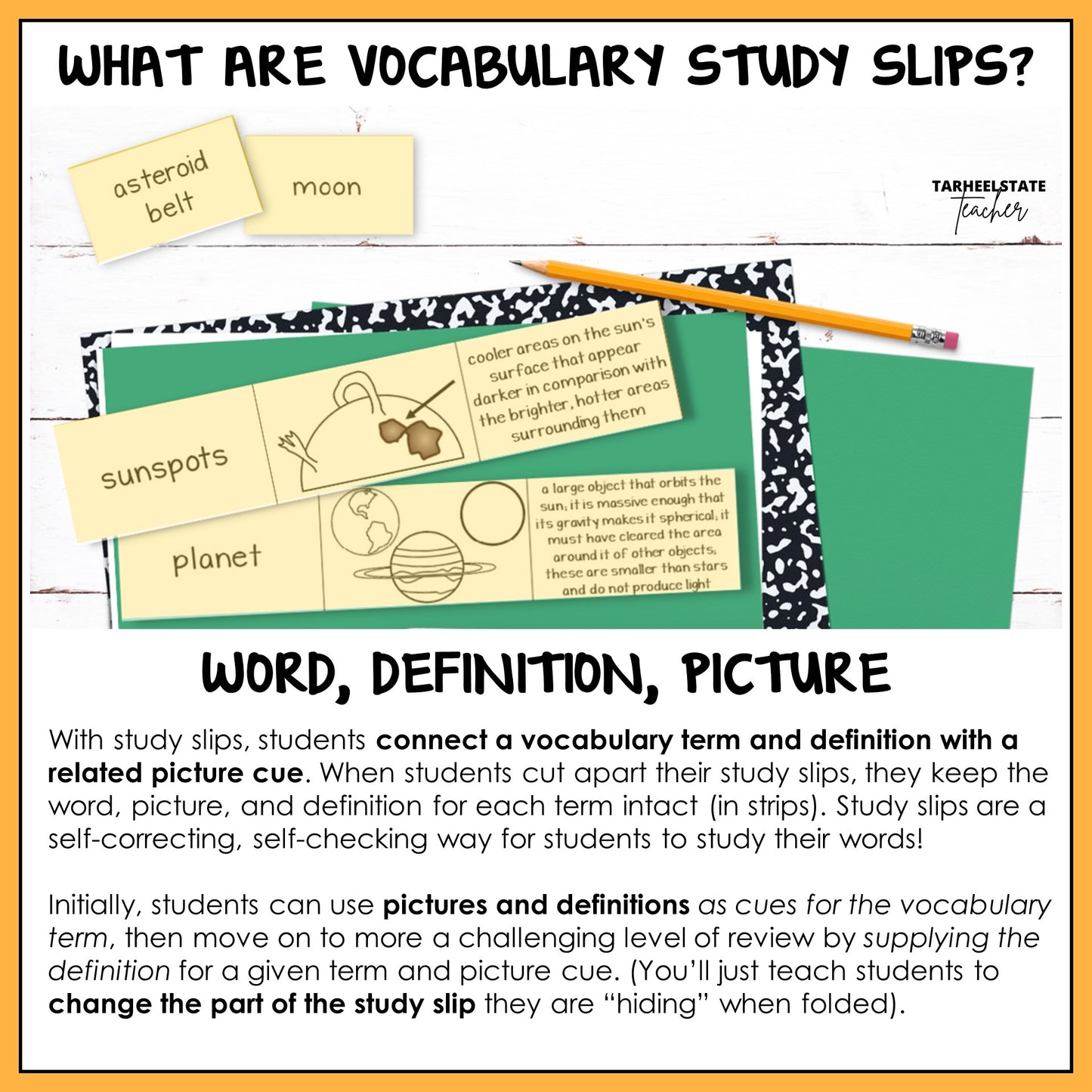 Vocabulary study slip with word, definition, and picture