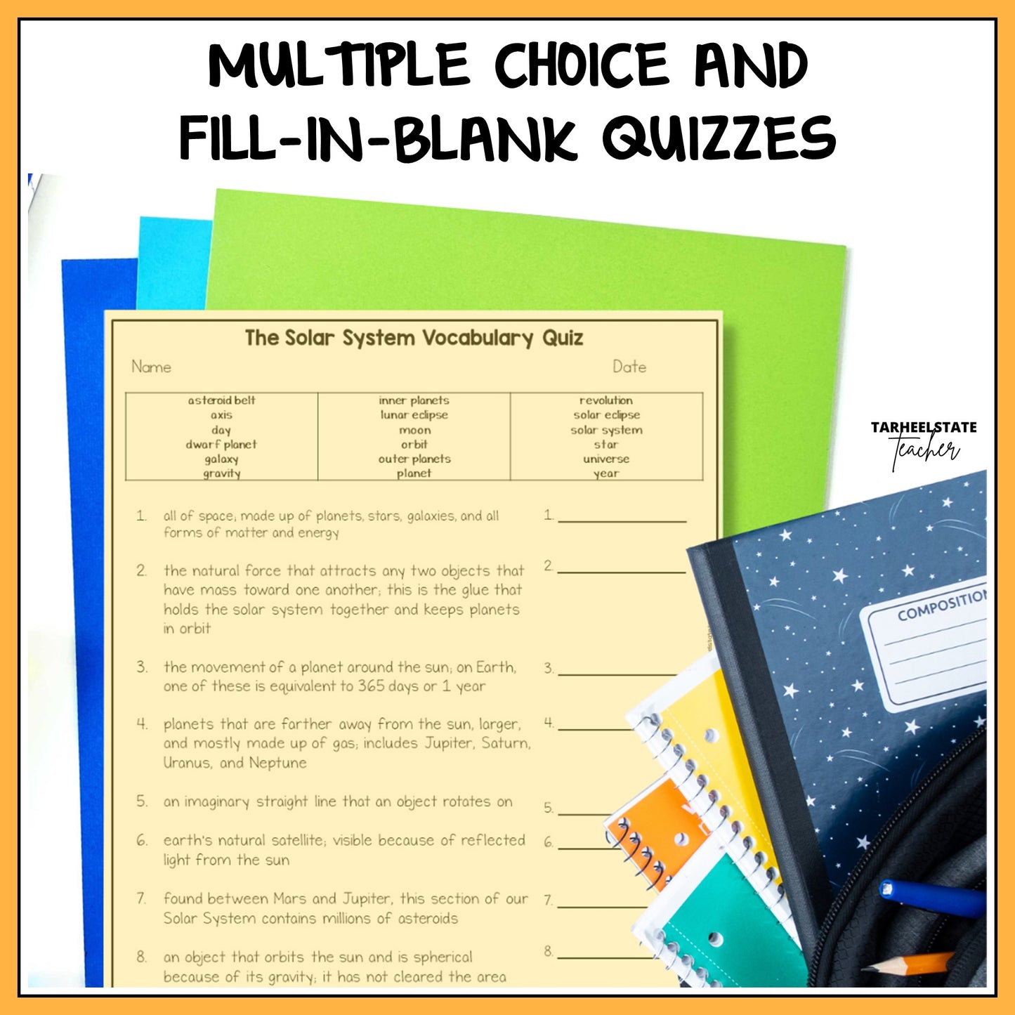 Solar System Vocabulary Quiz with multiple-choice and fill-in-blank questions