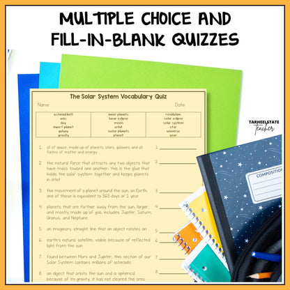 Solar System Vocabulary Quiz with multiple-choice and fill-in-blank questions