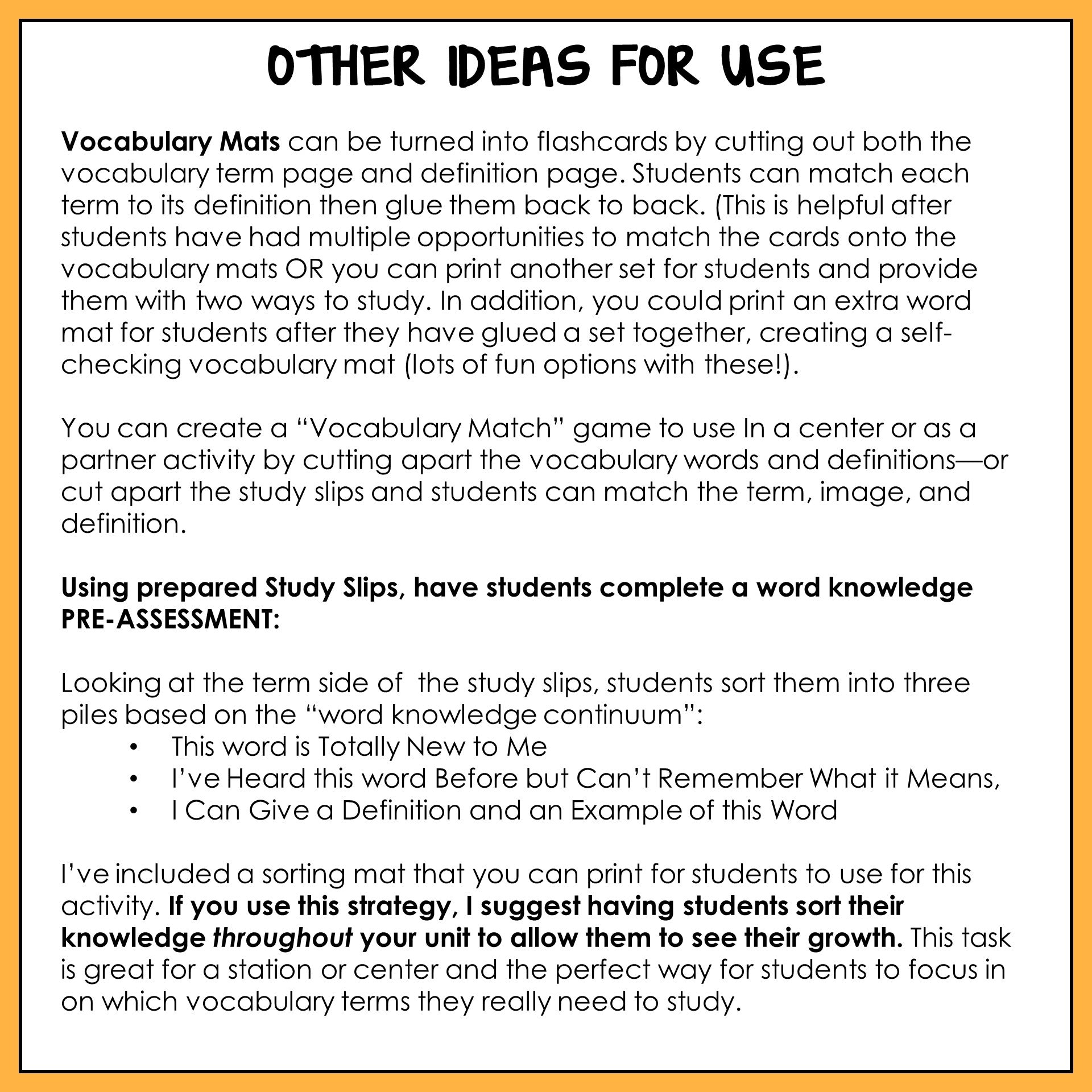 Instructions for using vocabulary mats and study slips in educational activities.