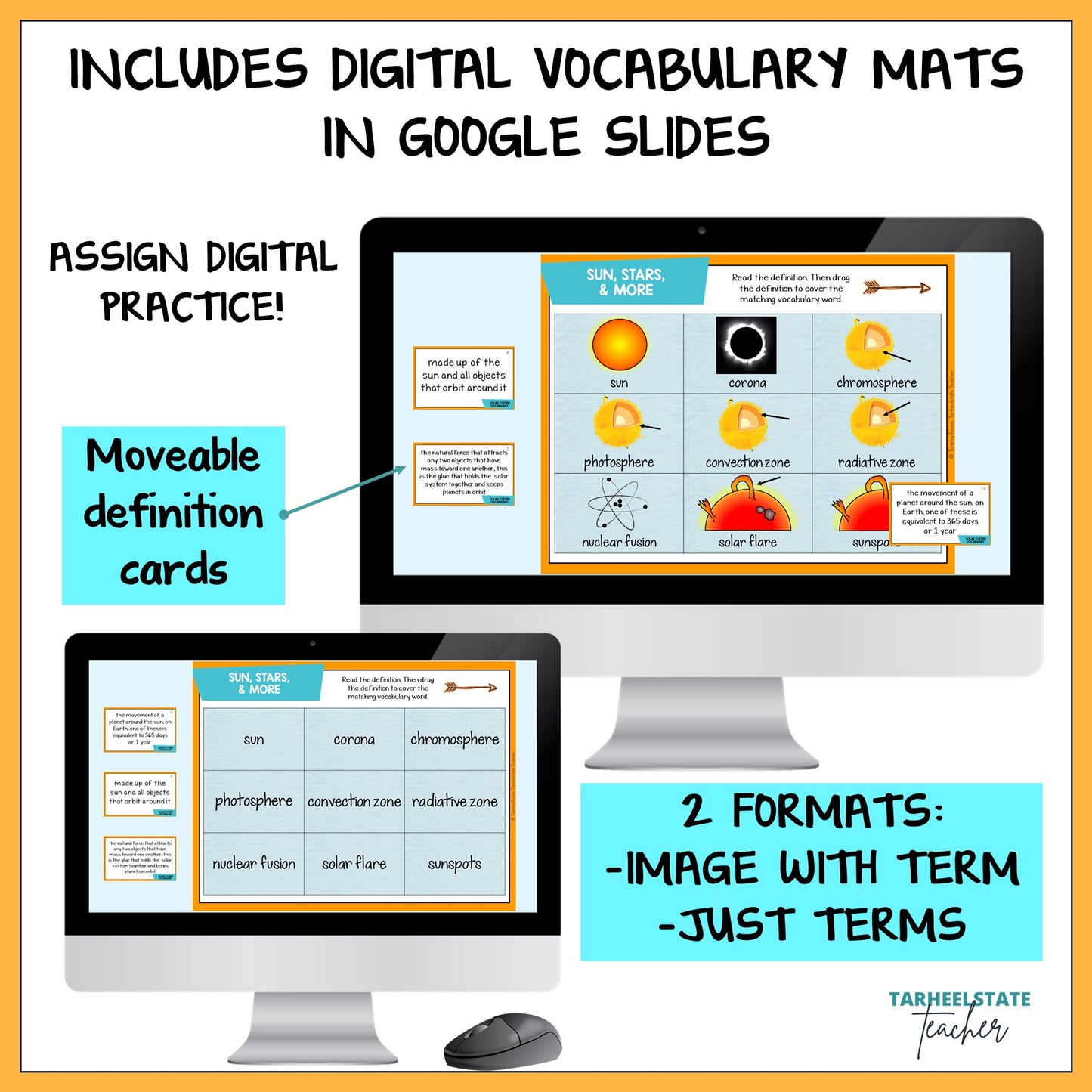 Digital vocabulary mats with Google Slides featuring movable definition cards.