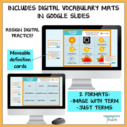Digital vocabulary mats with Google Slides featuring movable definition cards.