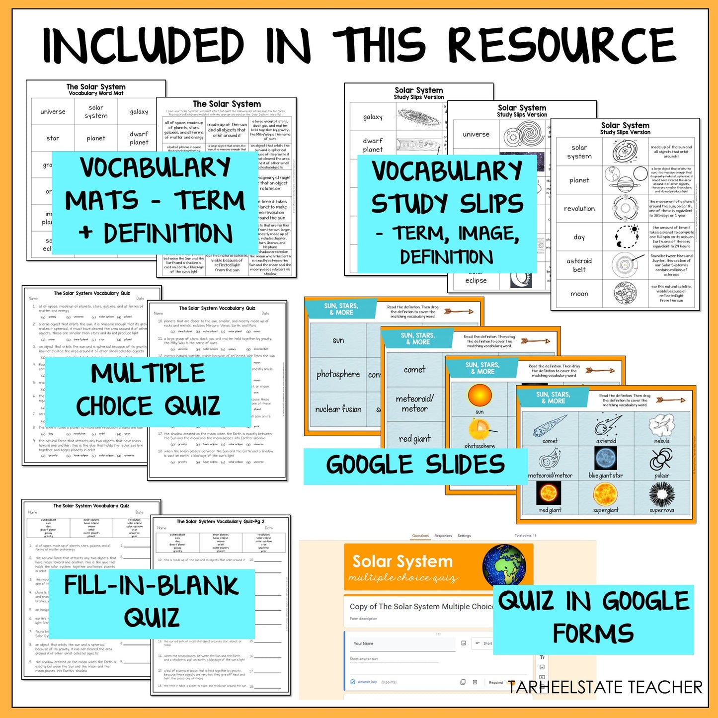 Educational resources for teaching the Solar System, including vocabulary mats, study slips, multiple choice quiz, Google Slides, fill-in-blank quiz, and quiz in Google Forms.