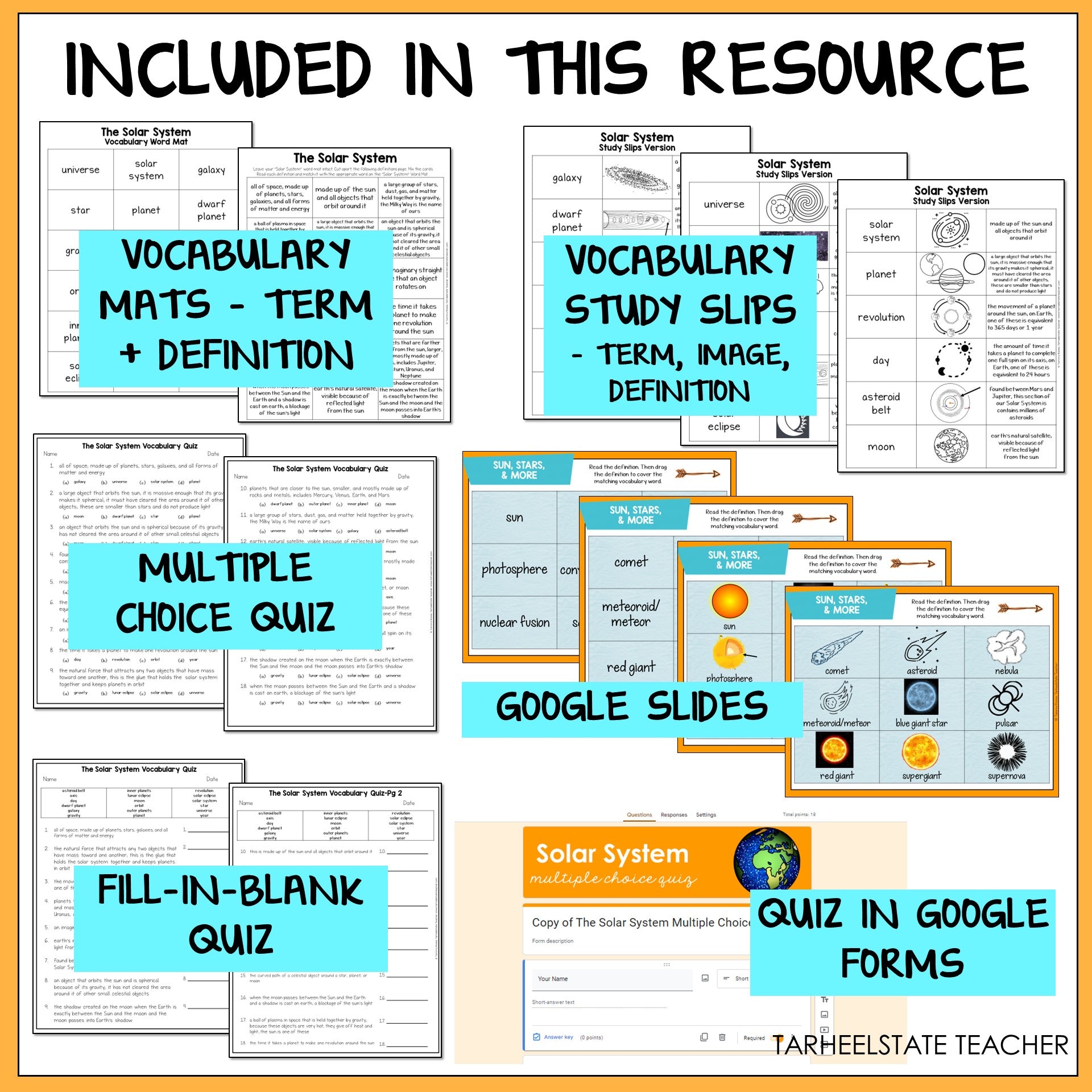 Educational resources for teaching the Solar System, including vocabulary mats, study slips, multiple choice quiz, Google Slides, fill-in-blank quiz, and quiz in Google Forms.