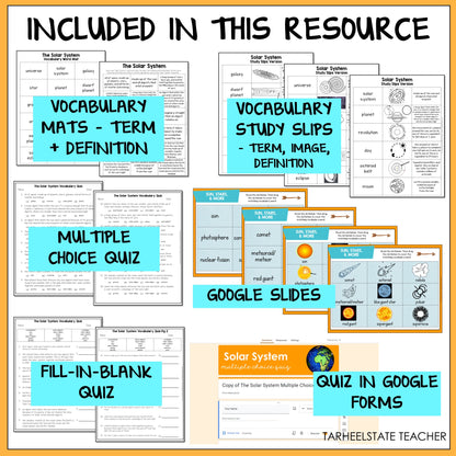Educational resources for teaching the Solar System, including vocabulary mats, study slips, multiple choice quiz, Google Slides, fill-in-blank quiz, and quiz in Google Forms.