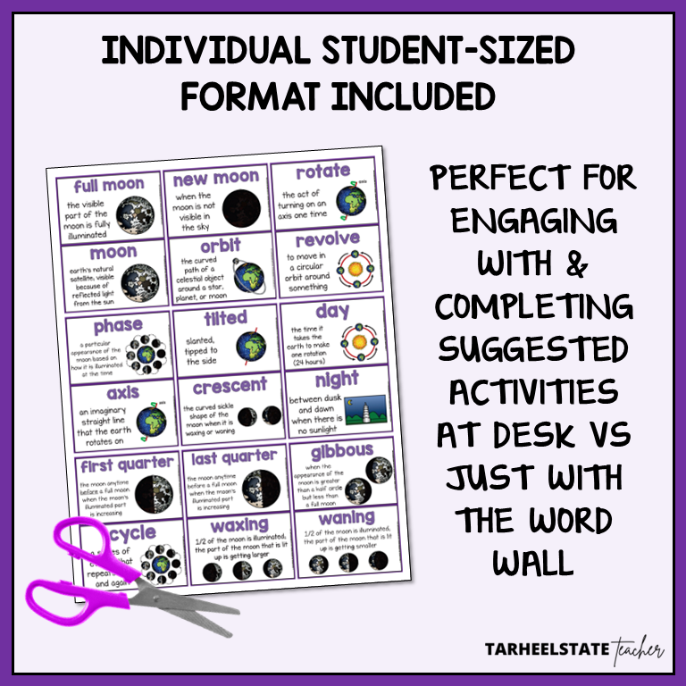 Phases of the Moon vocabulary resource includes individual student-sized study and reference sheet to use with vocabulary activities
