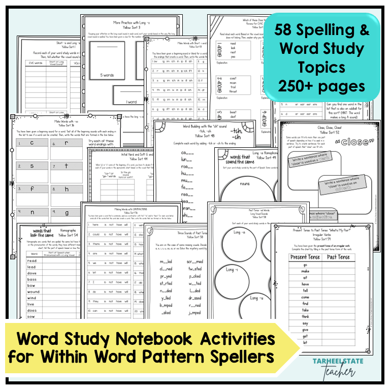 Collection of word study activities and worksheets for spelling and word study topics, with a focus on within word pattern spellers.