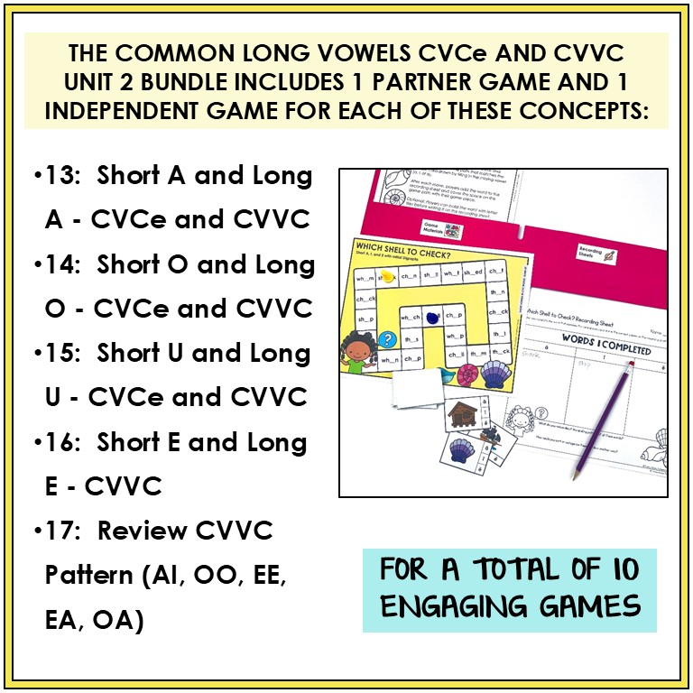 Educational materials with games and activities for teaching long vowels CVCCe and CVVC, including a partner game and independent game.