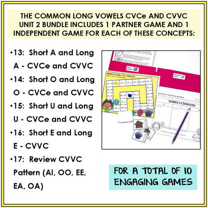 Educational materials with games and activities for teaching long vowels CVCCe and CVVC, including a partner game and independent game.