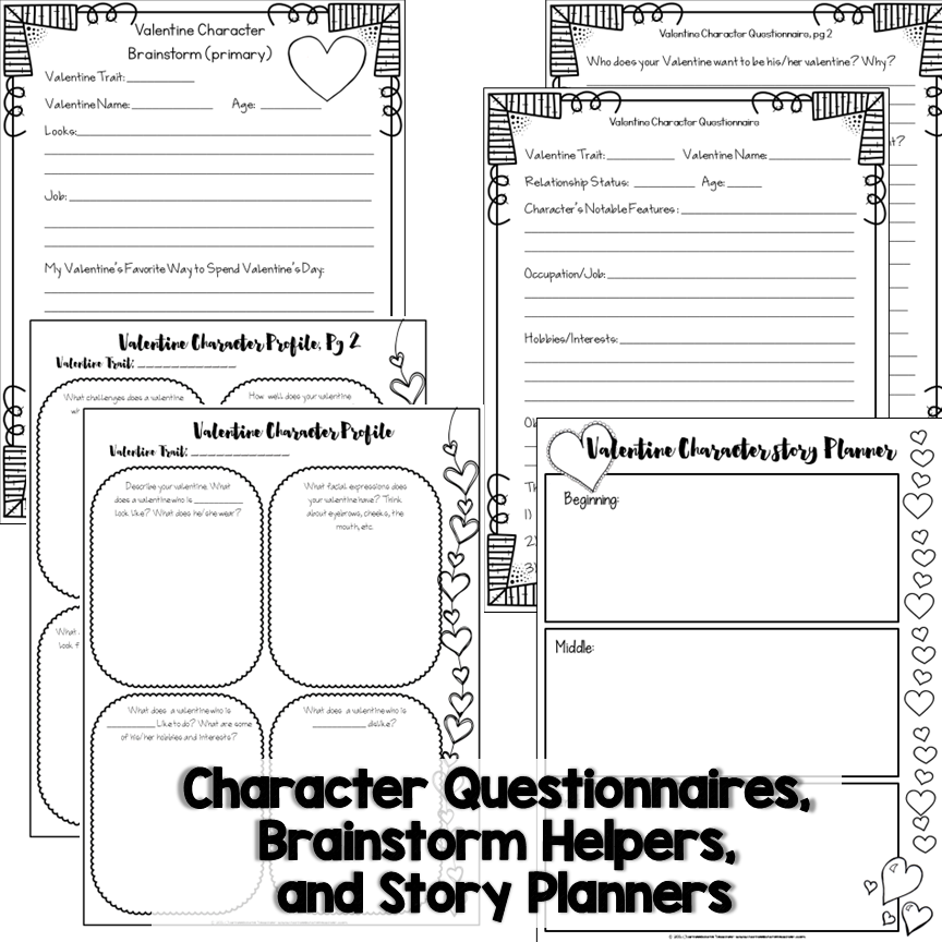 Valentine-themed character questionnaires, brainstorm helpers, and story planners